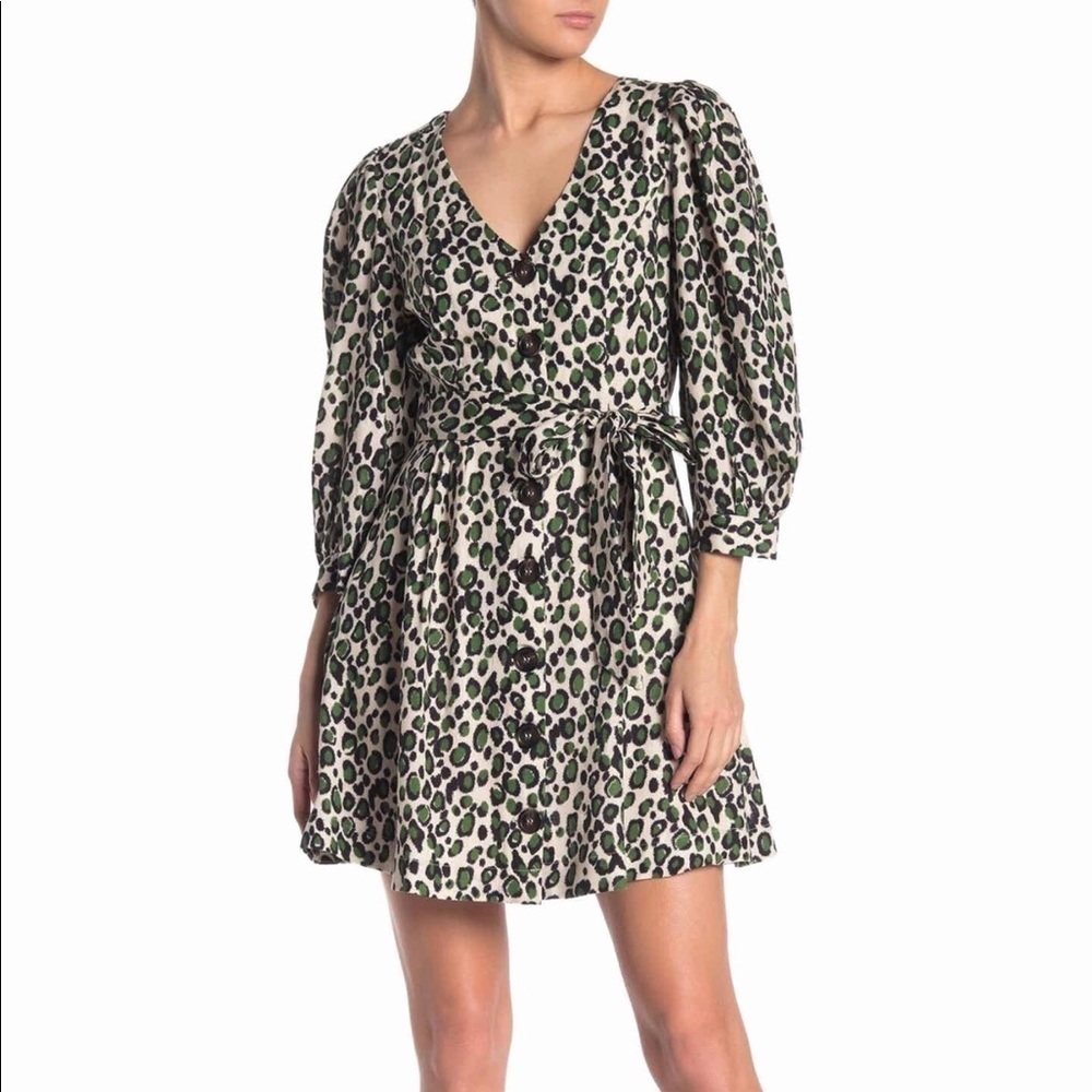 Alexia Admor Leopard 3/4 Sleeve Linen Blend Belted Mini Dress 4 NWT